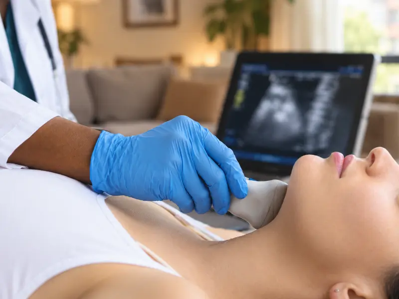 Ecografía de tiroides en el cuello de una paciente recostada