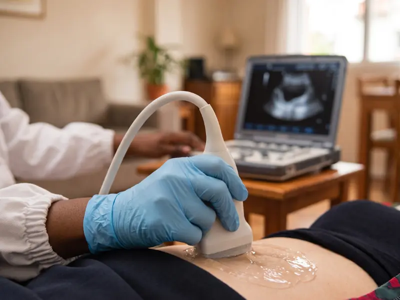 Ecografía de vejiga en la zona baja del abdomen de una paciente