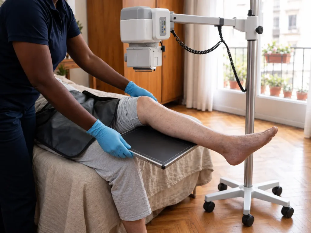 Rayos X Técnica posicionando una placa digital para una radiografía de rodilla a domicilio